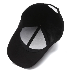 Internal structure of black baseball cap for men featuring mesh and adjustable strap