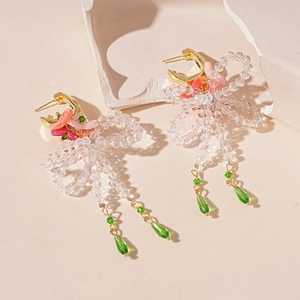 Resin flower bow knot crystal bead tassel earrings with green drop pendants