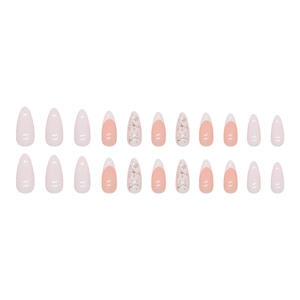 White French almond press-on nails featuring peach pink and spring floral design