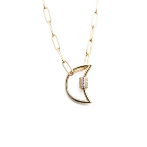 Hip hop style gold moon pendant necklace with zircons on a paperclip chain