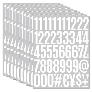 Detail view of 2-inch waterproof vinyl number stickers with currency and math symbols