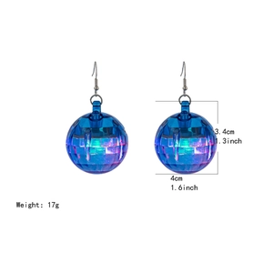Detailed size chart showing blue disco ball earrings measuring 3.4cm in height and 4cm wide