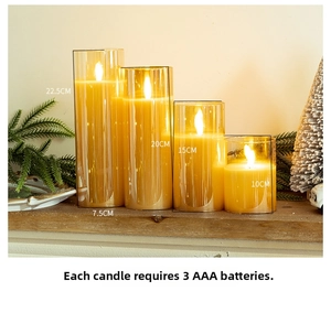 Detailed dimensions of amber glass LED candles with flickering flame effect in four heights