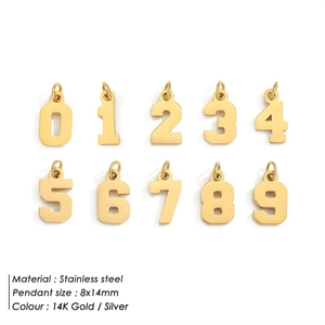 Macro view of 0-9 stainless steel number pendants in 14K gold and silver finishes