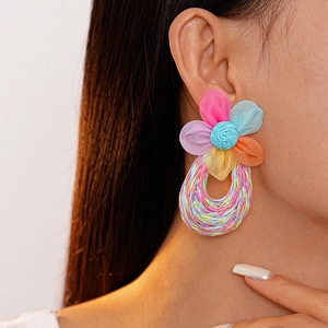 Handmade woven lace flower raffia earrings with colorful bohemian style for women