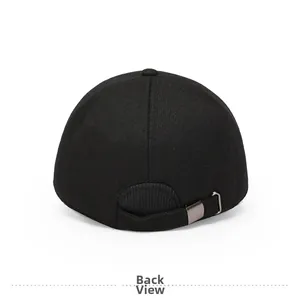 Detail of black wool baseball cap back view with silver adjustable metal buckle and strap