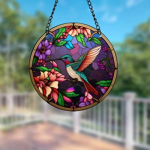 Pendentif en acrylique motif colibri et fleurs avec chaîne pour décoration