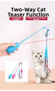 Dual-function cat wand with infrared laser pointer and feather bell attachment for play