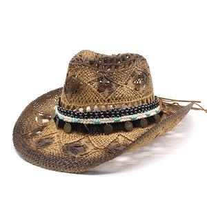 Hollow out straw cowboy hat with gradient brown color and vintage coin decorative band