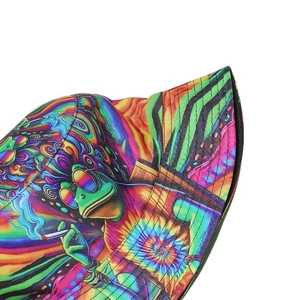 Detail shot of psychedelic frog print bucket hat featuring vibrant polyester fabric texture