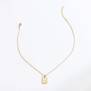Gold stainless steel square shell necklace with letter A pendant on a sleek snake chain