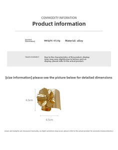 Detailed specs of the gold flower cuff bracelet showing alloy material and 65.4g weight