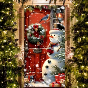 Christmas snowman door flag outdoor decorative banner shown on a front porch with festive lights