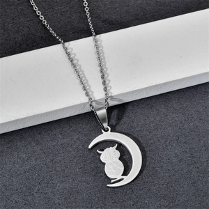 Polished stainless steel owl on moon pendant necklace for men and women with O-chain