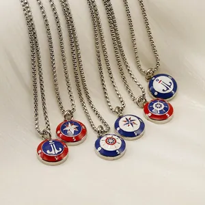 Stainless Steel Nautical Pendant Necklace Enamel Compass Anchor Rudder Design Unisex Fashion Jewelry Accessory Gift