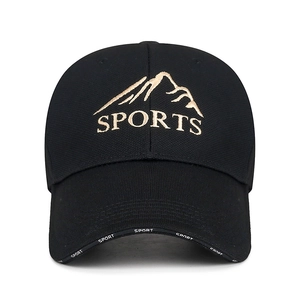 Black baseball cap with gold mountain sports embroidery and textured pineapple fabric