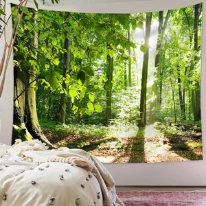 Detailed macro view of a lush summer forest tapestry with digital printing on polyester