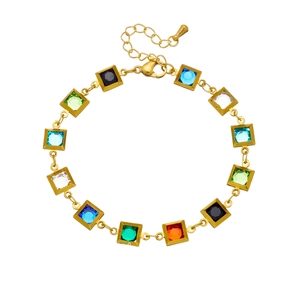 Vintage vergulde roestvrijstalen armband met kleurrijke vierkante glasstenen