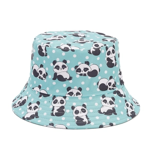 Cute panda print reversible bucket hat in light blue with polka dots for sun protection