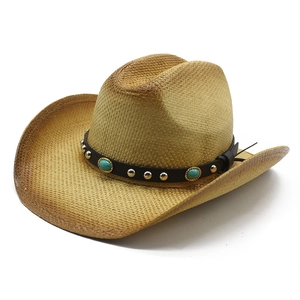 Western Cowboy Paper Straw Hat Vintage Wide Brim Sun Protection Ethnic Leather Band Turquoise Rivet Summer Beach Travel