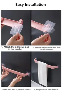 Installation guide for pink adhesive towel rack showing step-by-step assembly and setup