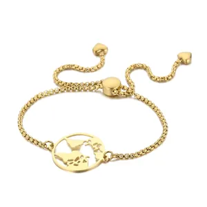 World Map Pendant Bracelet Stainless Steel Adjustable Box Chain With Heart Charms Hollow Out Fashion Jewelry For Women