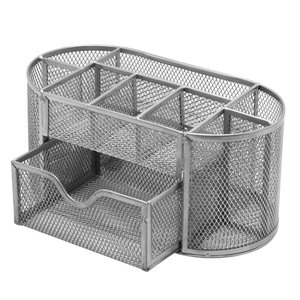 Macro view of silver wire mesh desk organizer with multi-compartment storage and drawer