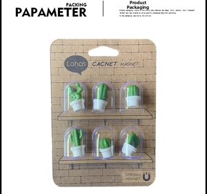 Set of 6 3D miniature cactus fridge magnets in white pots with magnetic backing