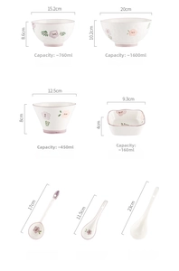 Detailed dimensions of ceramic bowls and spoons with diameter, height, and capacity info