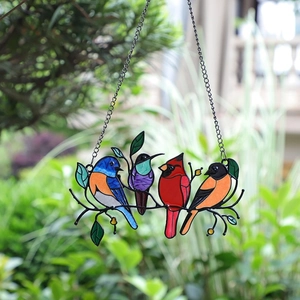 Stained glass style bird hanging decor with four colorful birds for garden windows