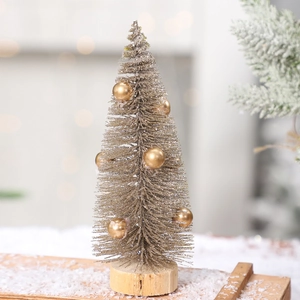 Miniature gold pine needle Christmas tree with glitter and wooden base for desk decor