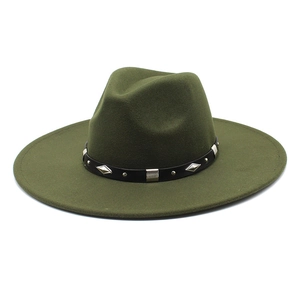 Detail of olive green wool fedora with a black leather band and silver metal studs