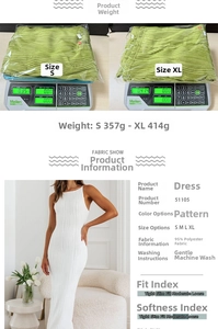 Size chart and fabric details of white backless sleeveless ruched mini dress with weight info