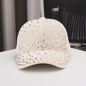 Fashionable beige corduroy baseball cap with golden metallic rivets for women