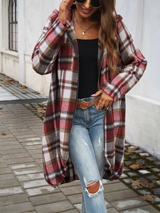 Close-up of red and white plaid pattern on women's hooded long sleeve zip cardigan