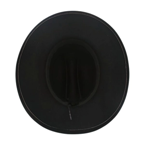 Vue de dessus d'un chapeau fedora noir classique avec cordon intérieur réglable et calotte ronde