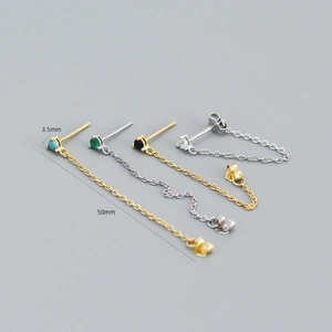 S925 silver tassel chain earrings with colorful cubic zirconia in gold and silver