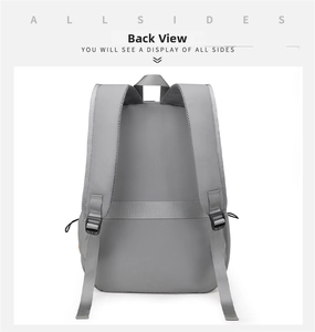 Grey laptop backpack back view with breathable shoulder straps and luggage strap