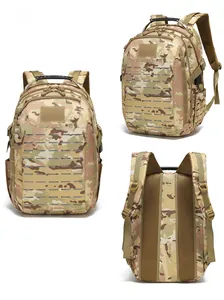 Detailed view of multicam tactical backpack with MOLLE system and ergonomic breathable back