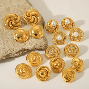 Geometric Spiral Stud Earrings 18K Gold Plated Stainless Steel With Artificial Pearl Rhinestone Retro Vintage Jewelry For Women