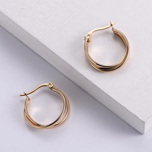 Double Layer Hoop Earrings 18K Gold Plated Stainless Steel Minimalist Textured Twisted Round Fashion Jewelry For Women