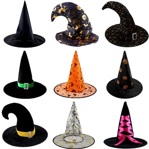 Halloween Witch Hat Wizard Pointed Cap Polyester Mesh With Pumpkin Bat Star Print For Cosplay Party Masquerade Props
