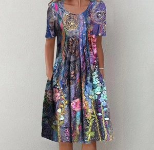 Women's A-line crew neck short sleeve dress with colorful floral and geometric print