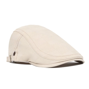 Beige checkered flat cap with side metal buckle, classic British style summer beret for outdoors