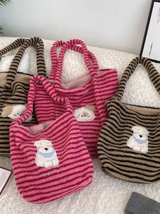 Plush Striped Tote Bag Cartoon Dog Patch Large Capacity Shoulder Handbag For Women Winter Casual Warm