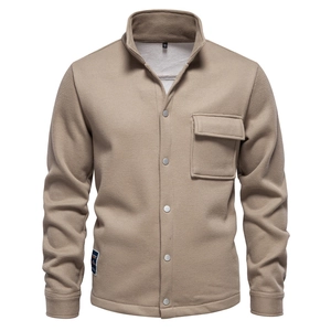 Detailed waffle texture on khaki men's cardigan jacket with a functional chest pocket