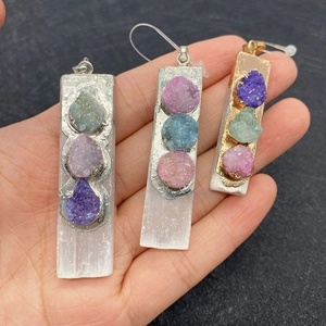 Natural mixed stone rectangular pendants with colorful crystals and metallic loops