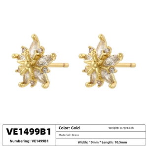 Detail of gold brass hexagonal star earring with clear zircon and measurement specs