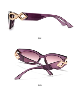 Detail view of purple transparent cat-eye sunglasses with gold diamond metal accents