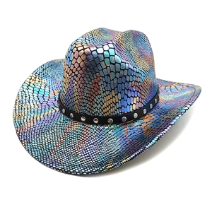 Holographic western cowboy hat with iridescent faux snakeskin texture and silver studs